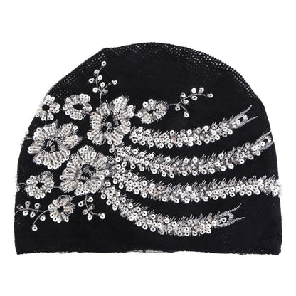 Lace Beaded Sequin Floral Turban Hat, Base Hat, Head Wrap Hat, Mesh Hair Protection Hat Jdt-523