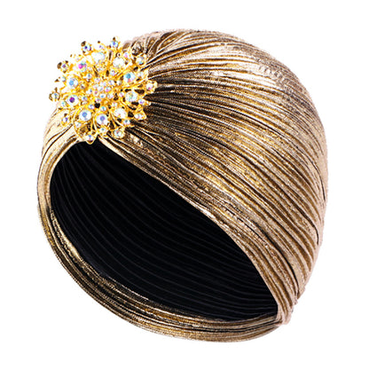 Vintage Alloy Diamond Pleated Gold-Stamped Turban Hat Ethnic Headwrap Tjm-79G