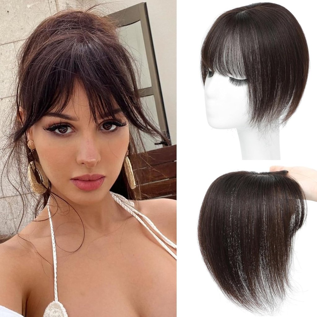 Hair Toppers for Women Real Human Hair, Bangs Hair Clip 360° 3D Cover Human Hair Topper with Bangs