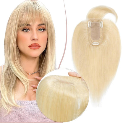 Human Hair Topper with Bangs - Real Human Hair Toppers for Women with Thin Hair