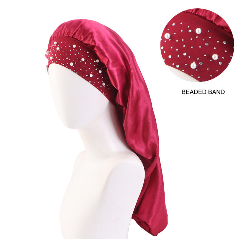 AliExpress hot sale starry Pearl Diamond wide-brimmed satin nightcap long hair care cap long hair shower cap