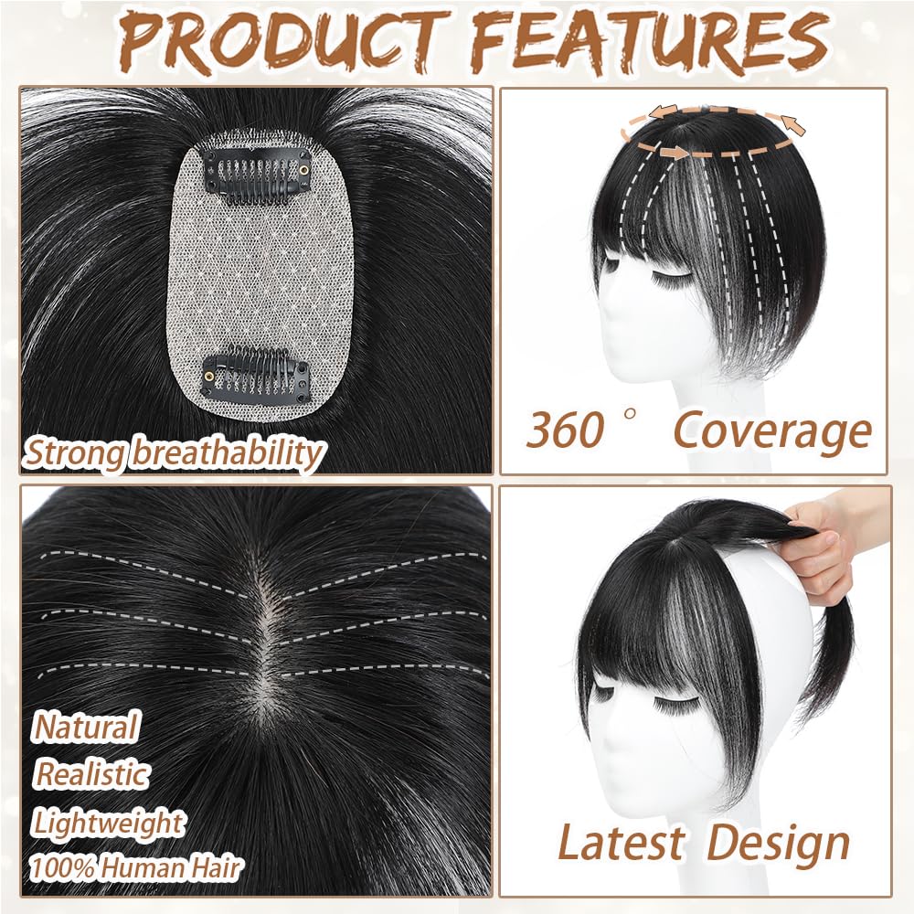 Hair Toppers for Women Real Human Hair, Bangs Hair Clip 360° 3D Cover Human Hair Topper with Bangs