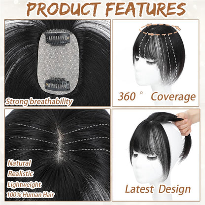Hair Toppers for Women Real Human Hair, Bangs Hair Clip 360° 3D Cover Human Hair Topper with Bangs