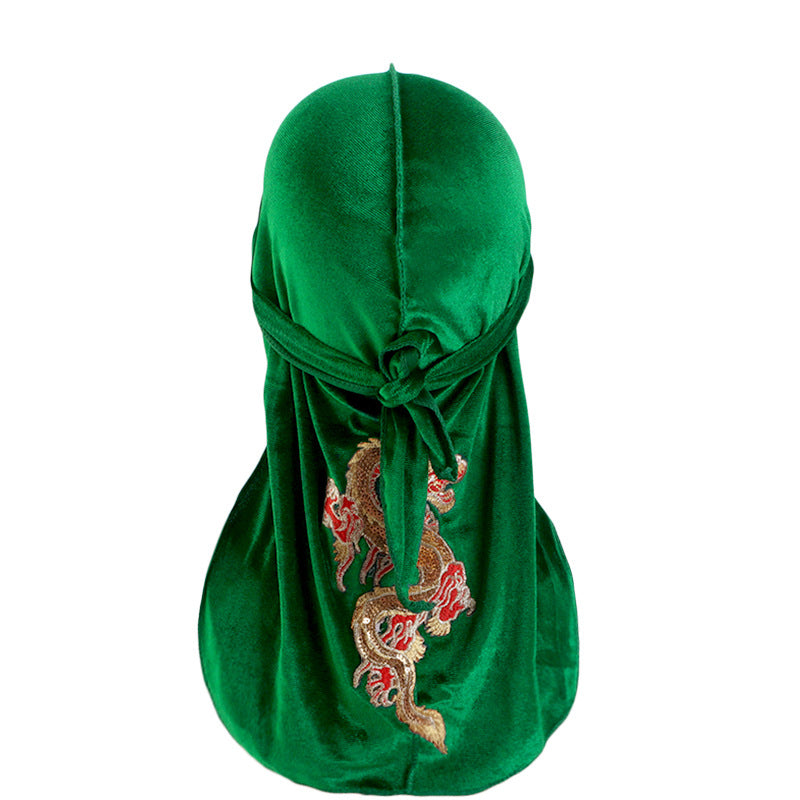 Autumn and Winter thickened gold velvet long tail pirate hat Chinese dragon hot stamping strap hip hop cloak DURAG