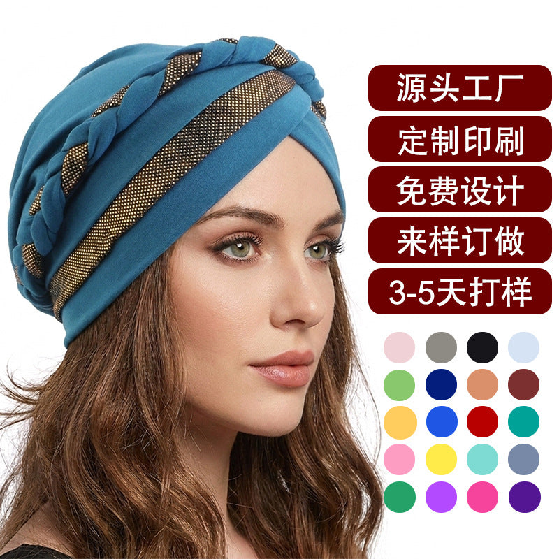 Cross-Border Braided Headscarf Hat Factory New Model Gold-Stamped Two-Color Handmade Headscarf Custom-Made Upon Request Jdt-429M