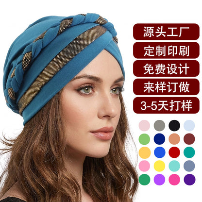 Cross-Border Braided Headscarf Hat Factory New Model Gold-Stamped Two-Color Handmade Headscarf Custom-Made Upon Request Jdt-429M