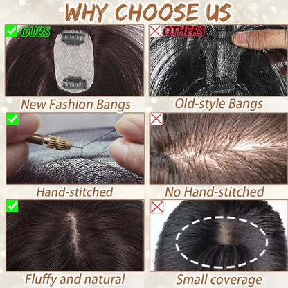 Hair Toppers for Women Real Human Hair, Bangs Hair Clip 360° 3D Cover Human Hair Topper with Bangs