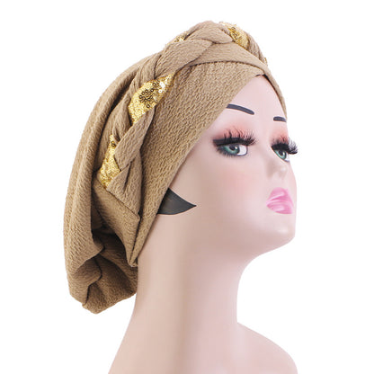 Cross-Border Solid Color Sequin Braided Cross-Turban Hat Small Hat Head Wrap Hair Protection Hat Jdt-429F