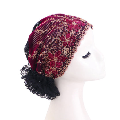 New Cross-Border Breathable Lace Hat, Floral Turban Hat, Ethnic Hat, Hair Care Hat Jdt-500