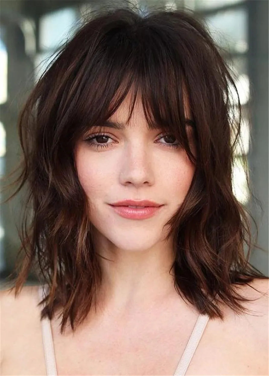 Outstanding Shag Haircut Natural Wavy Human Hair Wig With Bangs 16 Inches