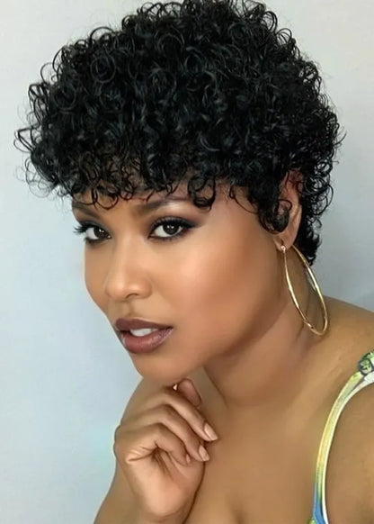 Short Pixie Cut Curly Hairstyle Human Hair Capless Wigs For African American Women 6Inch