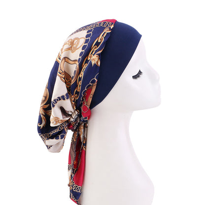 Amazon Women's Silk Chemotherapy Hat Nightcap Printed Band Tapes Hat Ethnic Hair Care Hat JDT-329D