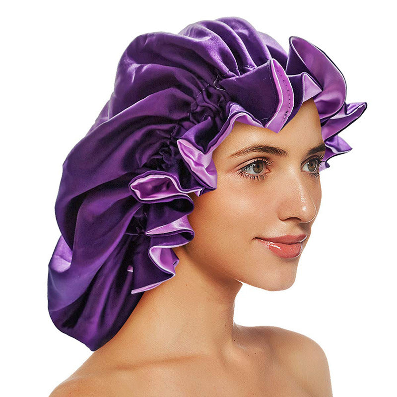 Double Layer Large Lace Nightcap Satin Round Hat Beauty Salon Makeup Hat Chemotherapy Cap