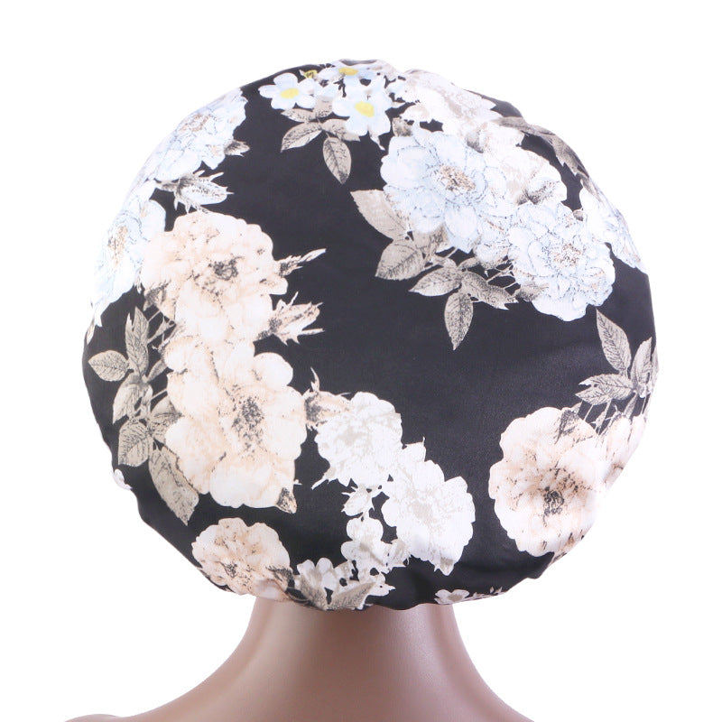 Printed wide-brimmed elastic hair band nightcap satin hair shower cap round cap Amazon hot sale toe cap TJM-301A