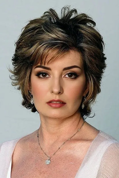 Gestufte Kunsthaar-Perücken, kurz, gewellt, 20 cm, ohne Kappe, für ältere Frauen