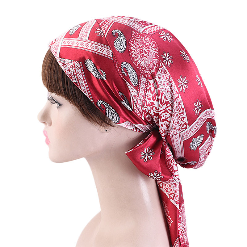 Cross-border source satin printed turban women's bandage turban hat pastoral style streamer braid hat TJM-226