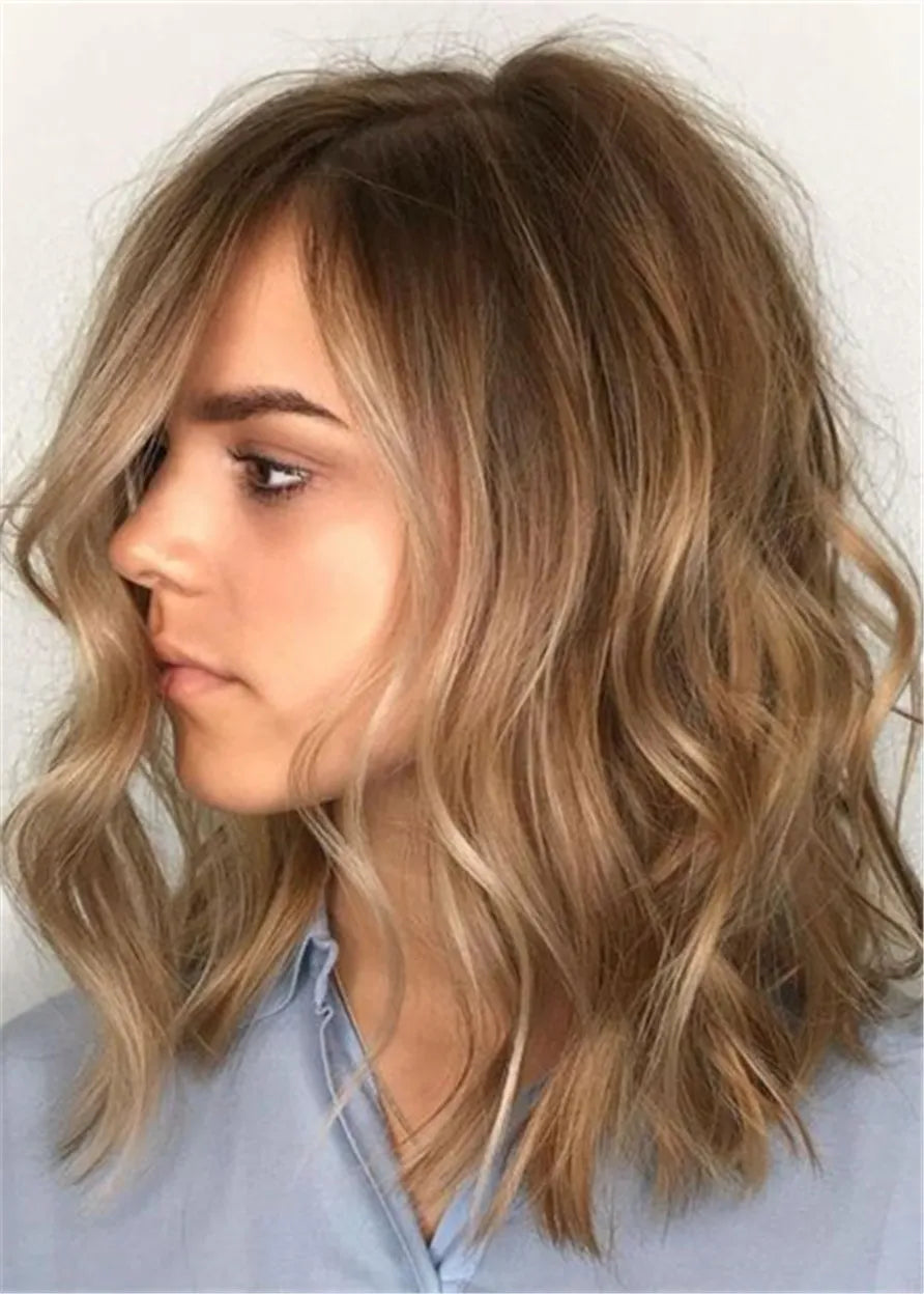 Medium Bob Wavy Human Hair Capless Wigs 16 Inches