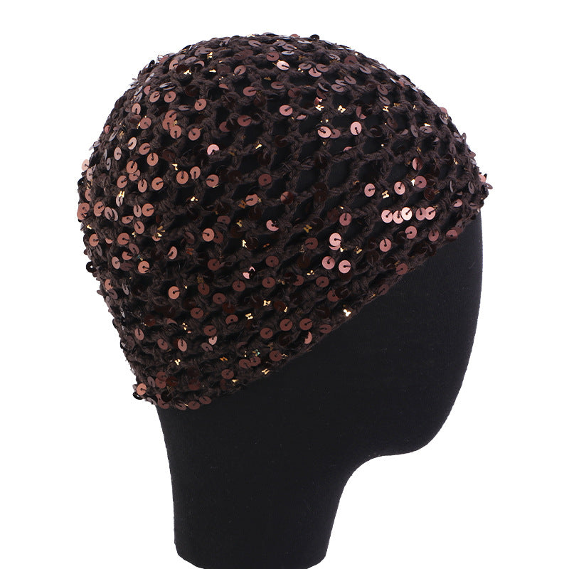 New all cotton hand crocheted sequin hair care net hair cover, hollowed out breathable headscarf cap JDW-67