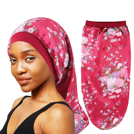 Stretch Hair Band Satin Print Long Tube Hat Long Hair Nightcap Turban Hat