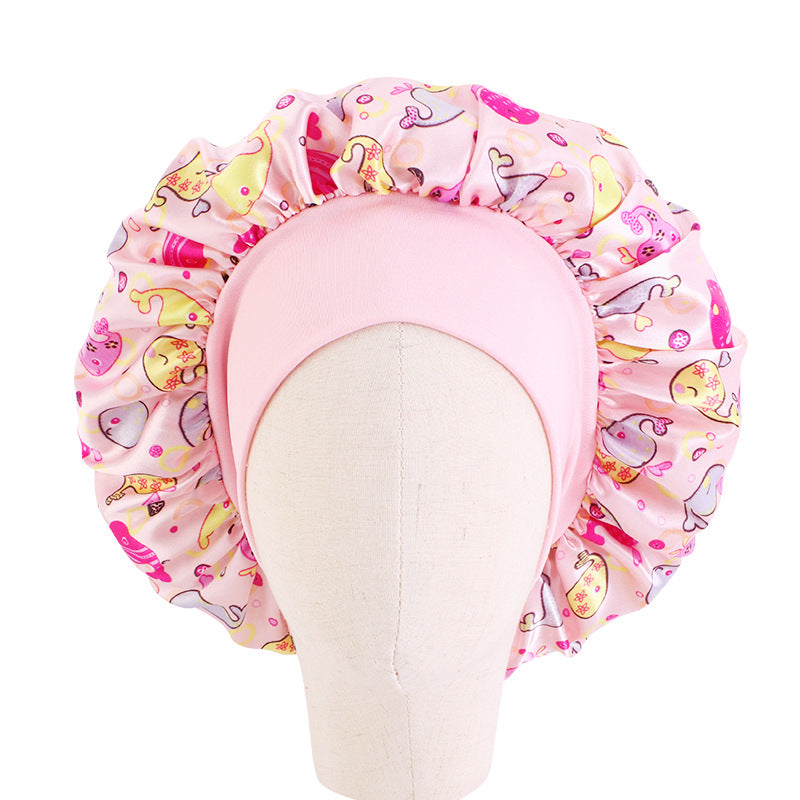 Children's Stretch Wide-brimmed Satin Nightcap Printed Hood JDKB-21A