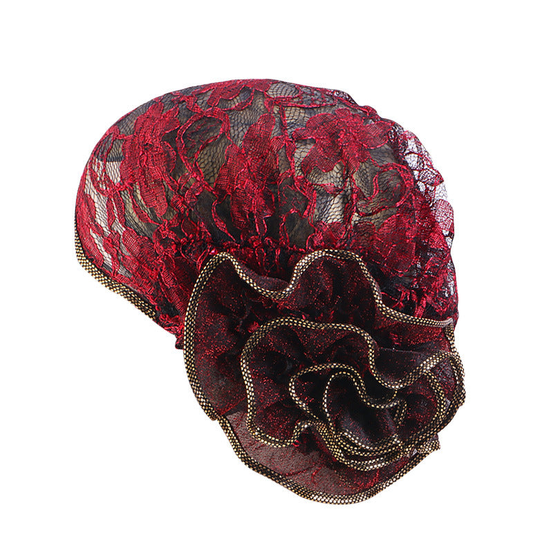 New Breathable Shiny Lace Large Flower Headscarf Hat Versatile Retro Fashion Hat Tjm-202