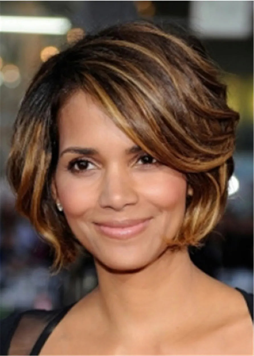 Short Bob Layering Cut Wavy Human Hair Capless Wig