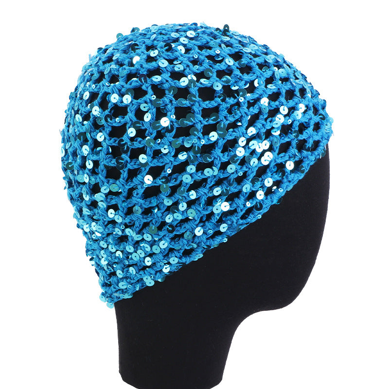 New all cotton hand crocheted sequin hair care net hair cover, hollowed out breathable headscarf cap JDW-67