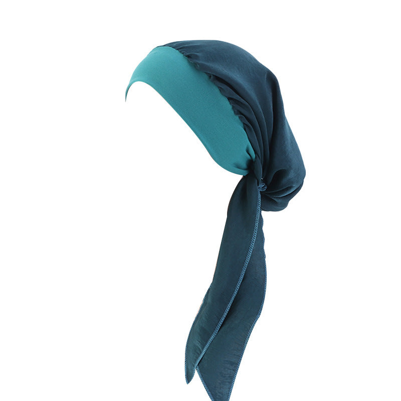 Pastoral Style Elastic Wide-Brimmed Imitation Silk Turban Hat, Long Tail Braid Hat, Chemotherapy Hat, Cross-Border Supply