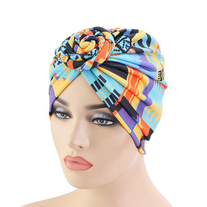 Amazon European and American ethnic style plate Flower headscarf cap elastic printing Indian cap chemotherapy cap TJM-342B
