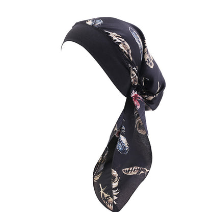 Pastoral Style Elastic Wide-Brimmed Imitation Silk Turban Hat, Long Tail Braid Hat, Chemotherapy Hat, Cross-Border Supply