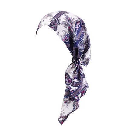 Fashionable Printed Ear-Covering Hat, Satin Turban, Tie-Back Chemotherapy Cap, Hair Protection Cap