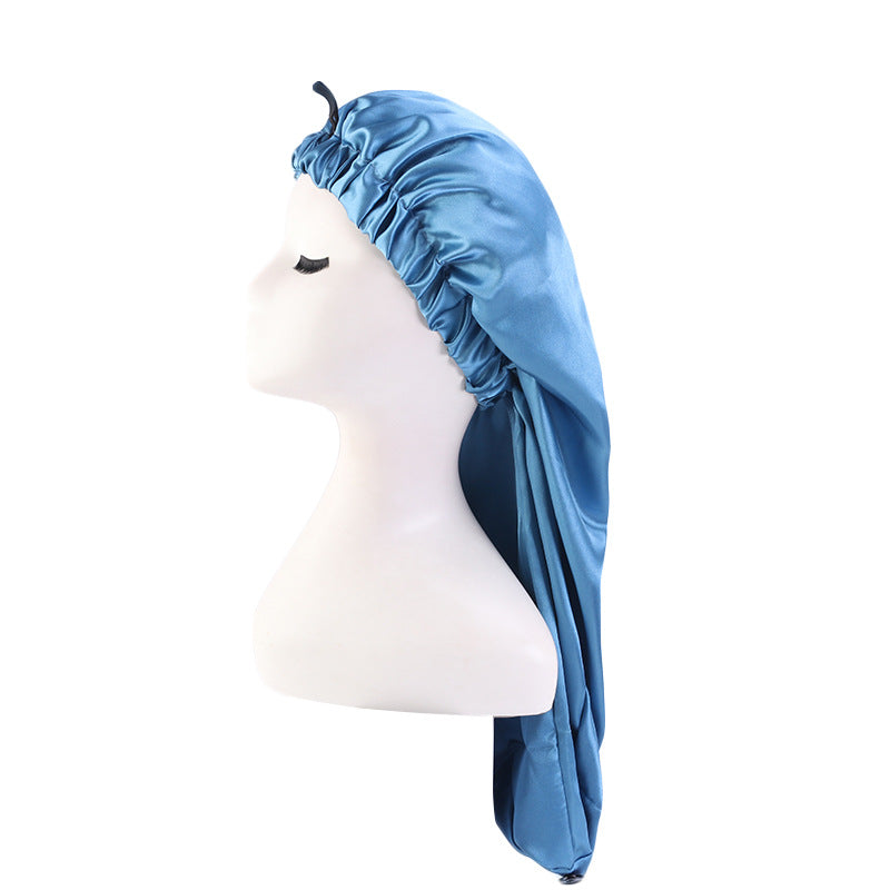 Cross-Border special satin nightcap elastic band buckle long tube hair care cap dual-purpose long hair cap shower cap turban hat