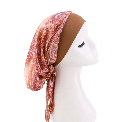 European and American popular long tail ribbon headscarf hat elastic wide-brimmed satin toe cap pirate hat JDT-329E