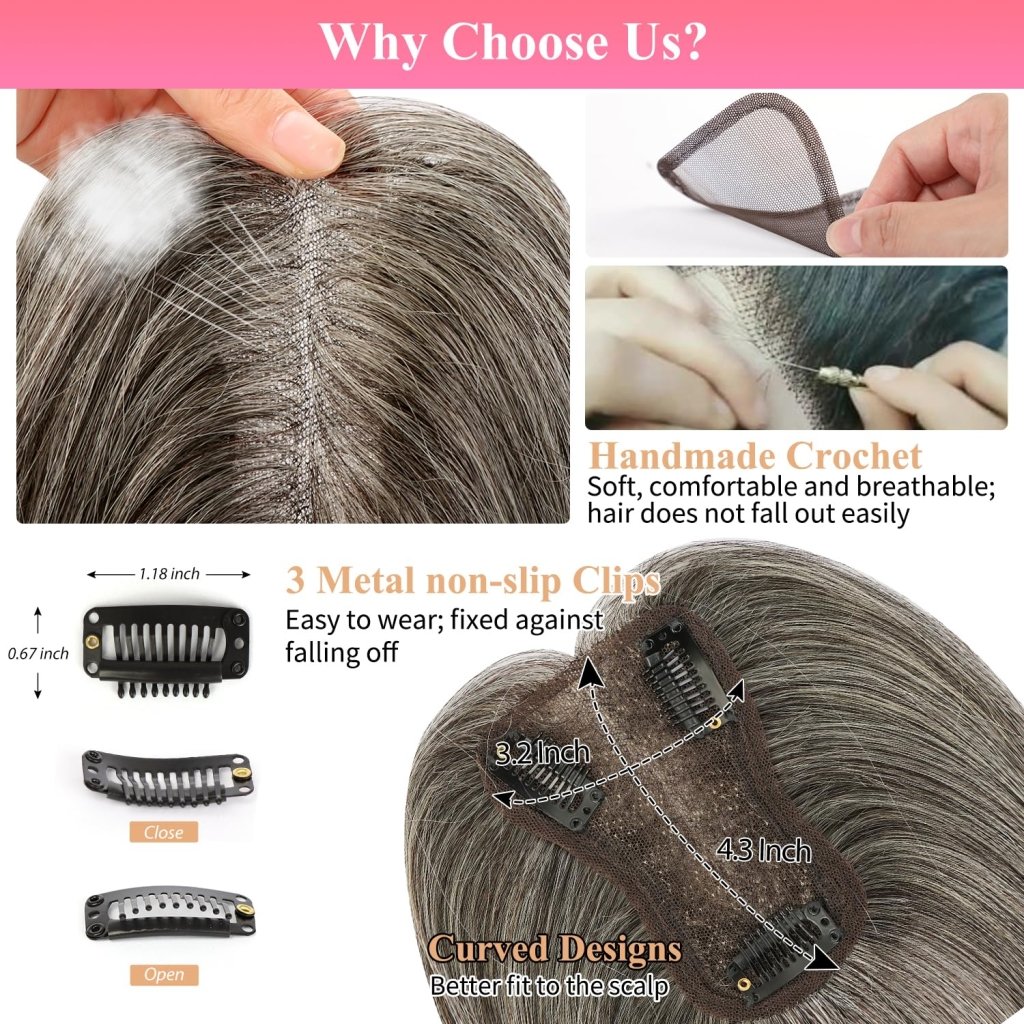 Hair Toppers for Women Gray Hair Toppers for Women 100% Remy Human Hair Grey Hair Toppers for Women with Thinning Hair Clip in Hair Toppers Short Hair Pieces for Women Real Hair Toppers Grey