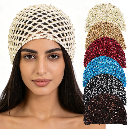 New all cotton hand crocheted sequin hair care net hair cover, hollowed out breathable headscarf cap JDW-67