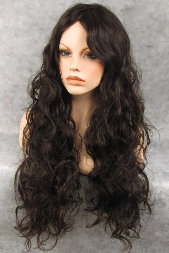Custom Hand Tied Long Curly Dark Brown 100% Human Hair 22 Inches Lace Front Wig