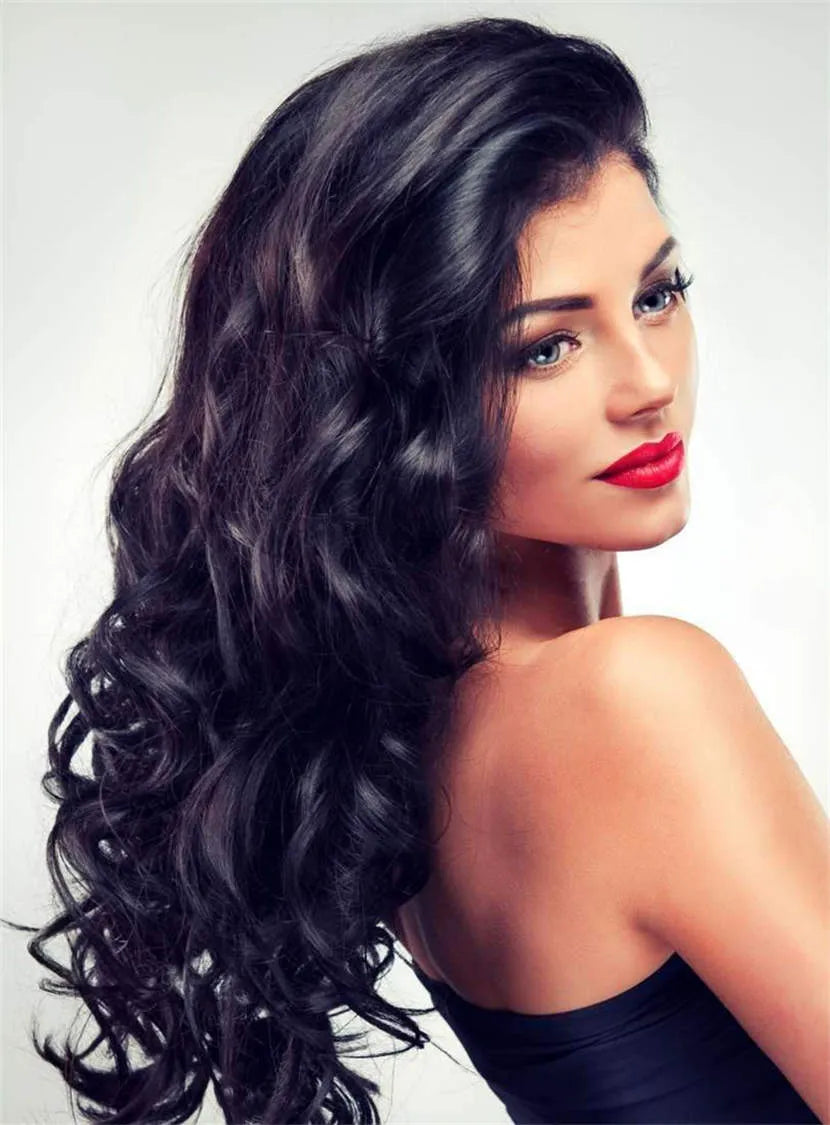 Attractive Top Quality Long Wavy Lace Front Human Hair Women Wigs 22 Inches