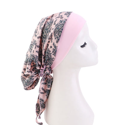 Amazon Women's Silk Chemotherapy Hat Nightcap Printed Band Tapes Hat Ethnic Hair Care Hat JDT-329D