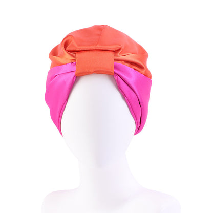 Cross-Border Hat Double-Layer Imitation Silk Nightcap Contrasting Color Knotted Turban Hat Washing and Chemical Clothing Factory Direct Sale