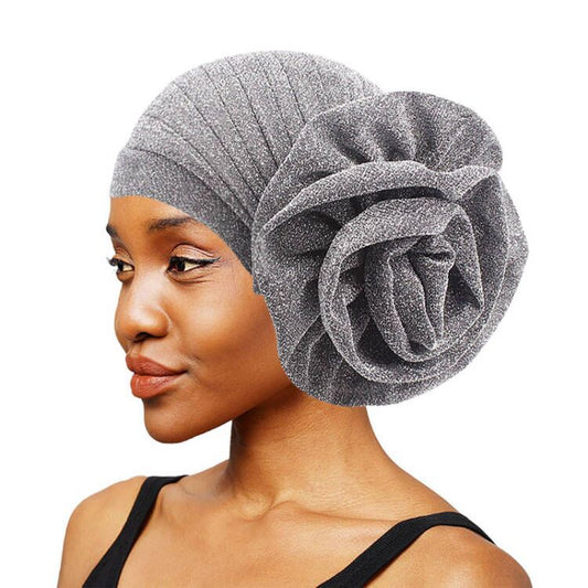 New Style Shiny Silk Large Flower Headscarf Hat, Versatile Retro Fashion Hat Tjm-322