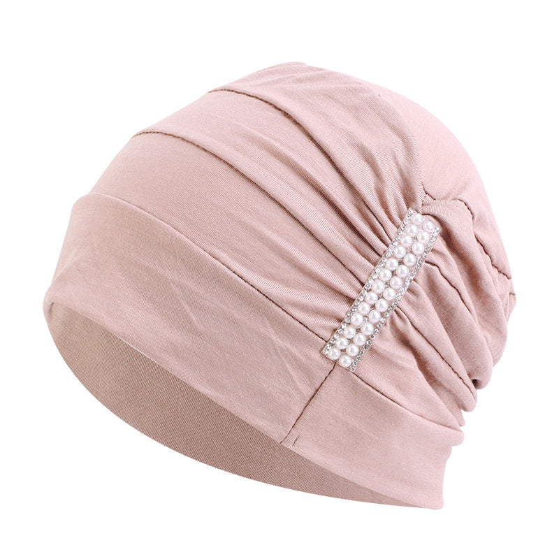 Amazon solid color chemotherapy cap confinement cap pearl accessories modal cotton headscarf cap nightcap JDT-241-1C