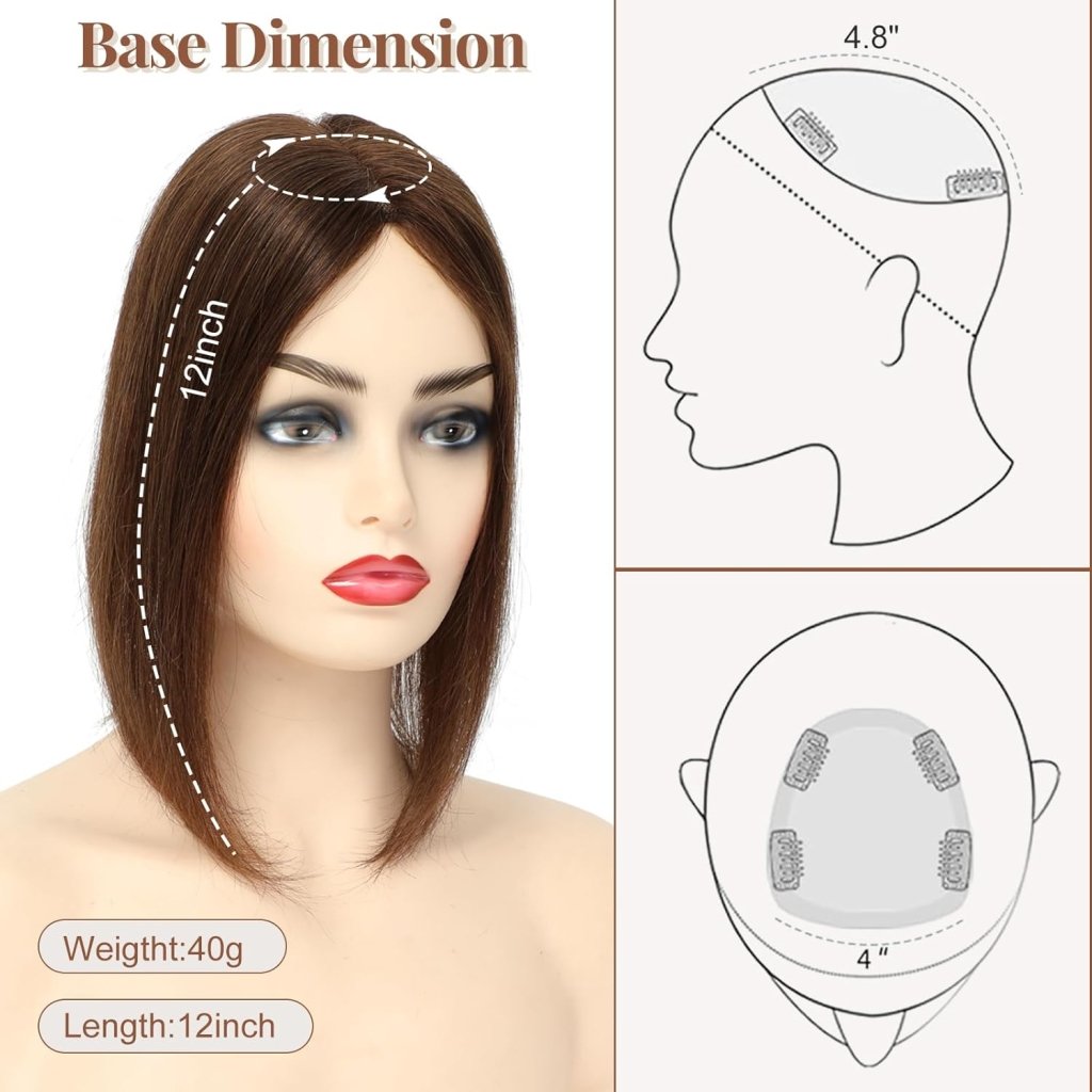Hair Toppers for Women Real Human Hair 150% Density Clip In Topper Hairpieces 10 × 12CM Swiss Base Wiglet Top Hair Pieces for Women with Thinning Hair（12Inch,1B#）