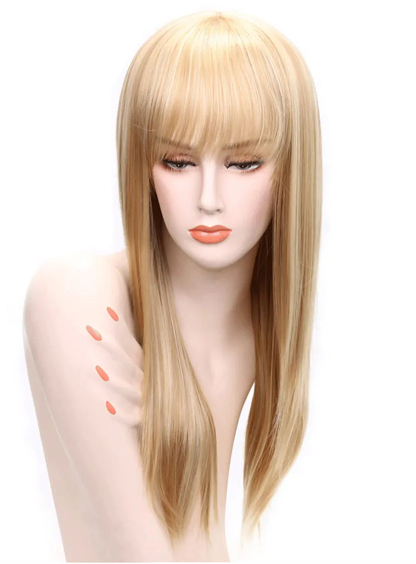 Aisi? Long Straight Blonde With Bangs Hairstyle Capless Synthetic Hair Wig 26 Inches