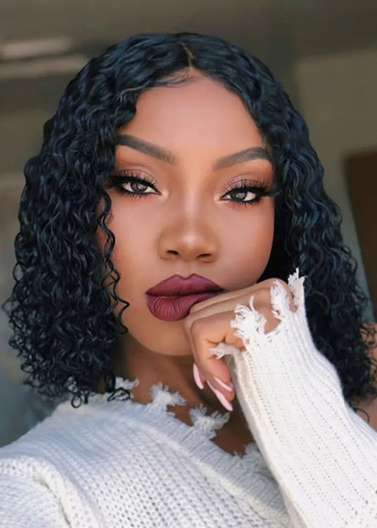 Women's Medium Bob Hairstyles 100% Virgin Human Hair Curly Lace Front Wigs 14Inches