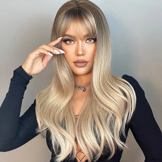 Long Balayage Haircut Synthetic Hair Wavy Wig With Bangs 26 Inches