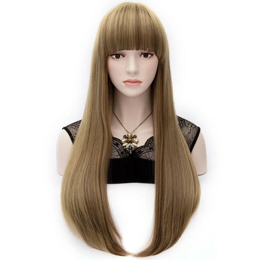 European Style Mixed Colored Long Straight Party Wig with Front Bangs 28 Inches