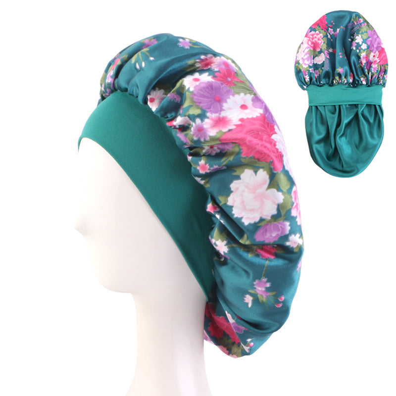 Cross-Border New Double-Layer Satin Printed Elastic Wide-Brimmed Nightcap Satin Round Hat Beauty Salon Hat