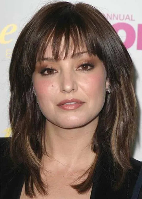 Mittellange Frisuren Damen Natürliche Glatte Stufen Kunsthaar Kappenlose Perücken Mit Pony 16 Zoll