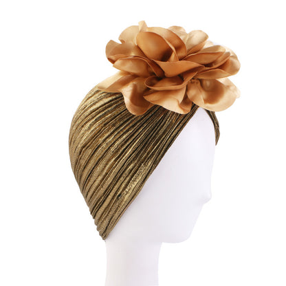African Style Shiny Silk Pleated Large Flower Headscarf Hat, Ethnic Hat, Hair Loss Hat, Wedding Hat Tjm-79D