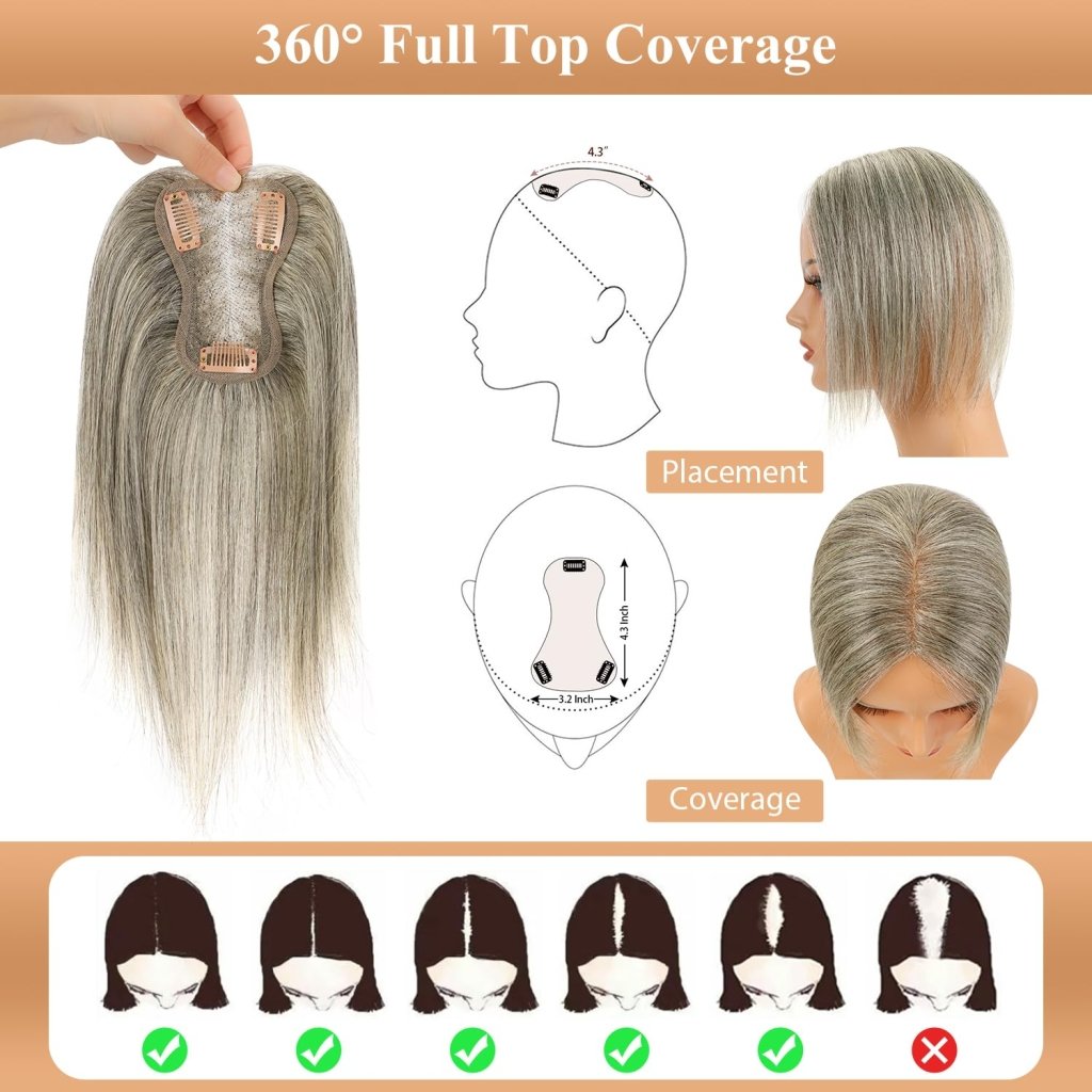 Hair Toppers for Women Real Human Hair Salt and Pepper Grey Human Hair Toppers 10 inch Dark Grey